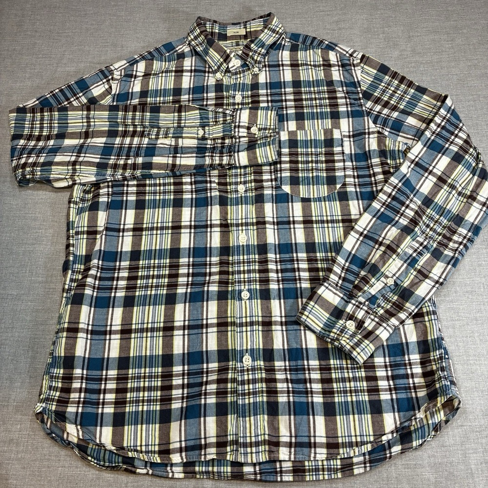 J.Crew Indian Madras Men's Plaid Button-Down Shirt L Slim Long Sleeve Blue Brown